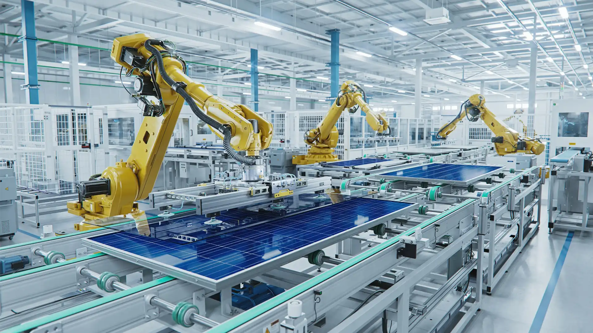 A modern automated production line with industrial robot arms assembling solar panels on a conveyor belt, representing the high-tech shift in the US manufacturing landscape.