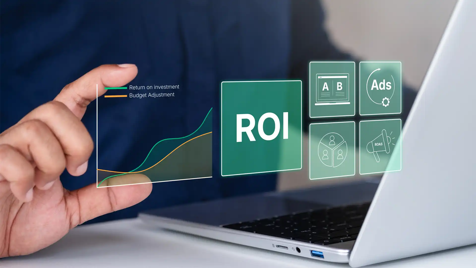 A visual representation of ROI strategy and marketing performance metrics, showing budget allocation and the 4-3-3 distribution strategy for manufacturing firms entering the US market.
