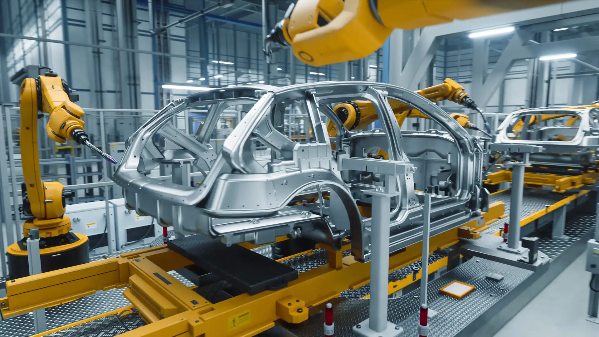 An autonomous factory with robotic arms assembling car frames, representing the precision production and AI-driven manufacturing standards required for US automotive parts market entry.