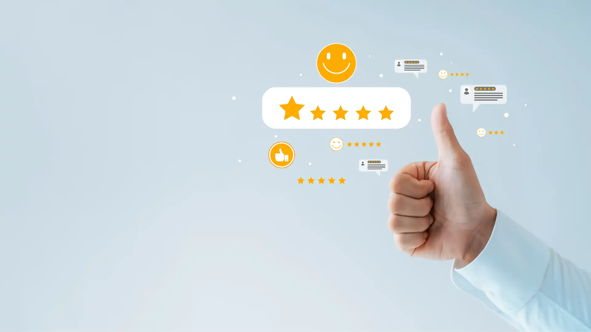 A five-star rating with a thumbs-up gesture, symbolizing the "trust capital" and customer satisfaction required for Korean manufacturers to secure their first US buyer.