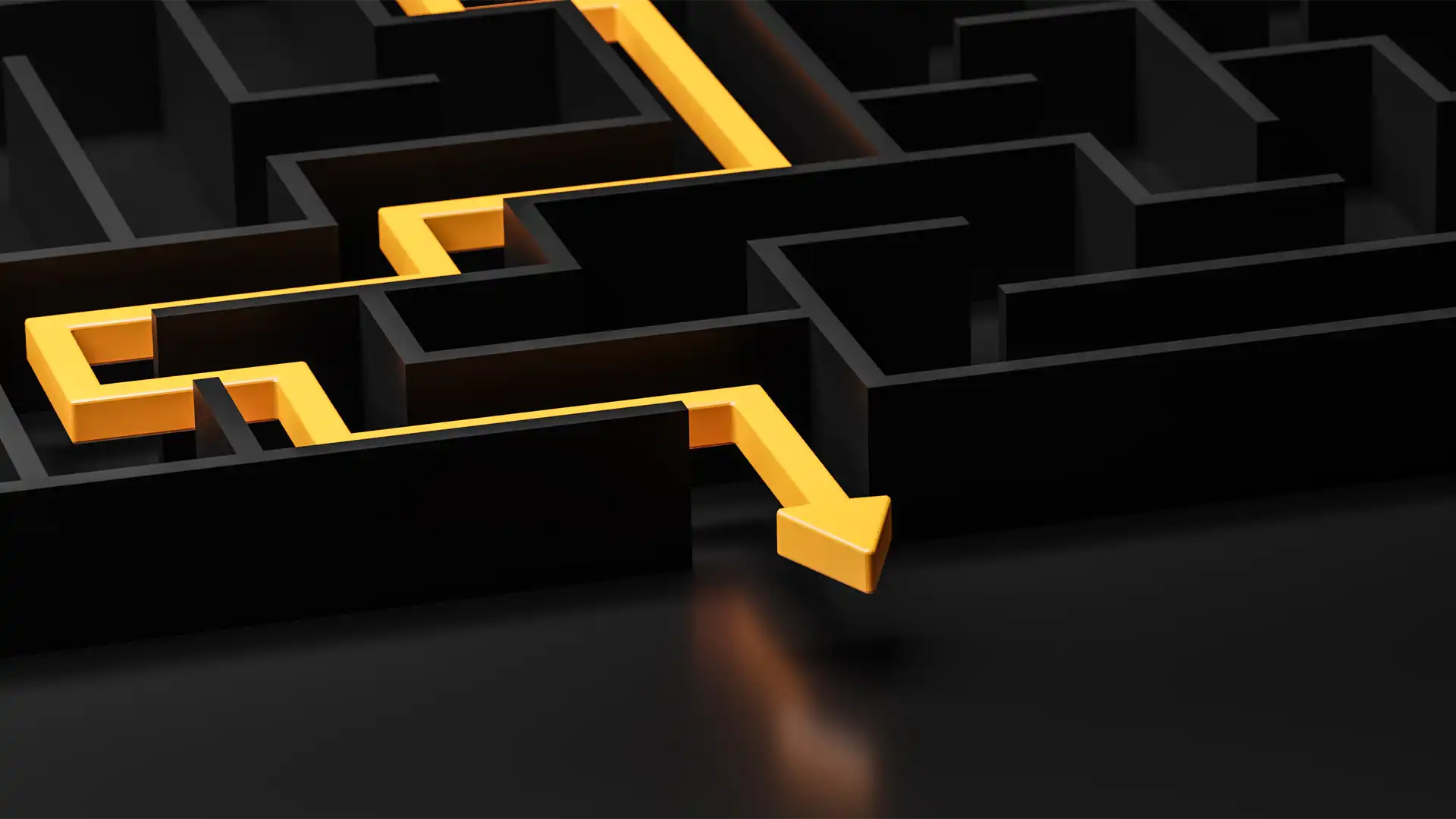 A black maze on the floor with a bright yellow solution path and an arrow pointing toward the exit, representing the strategic navigation required for manufacturing companies to succeed in the US market.
