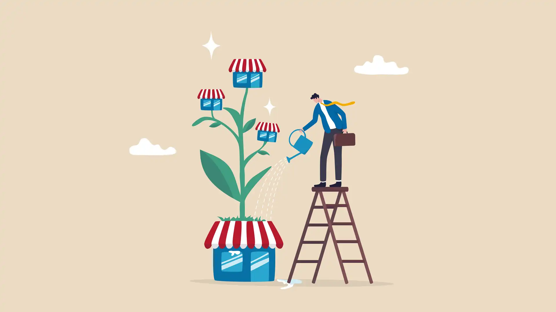 A businessman watering a growing plant that blooms into new shops, symbolizing the strategic expansion and successful establishment of a US branch or subsidiary for Korean manufacturers.