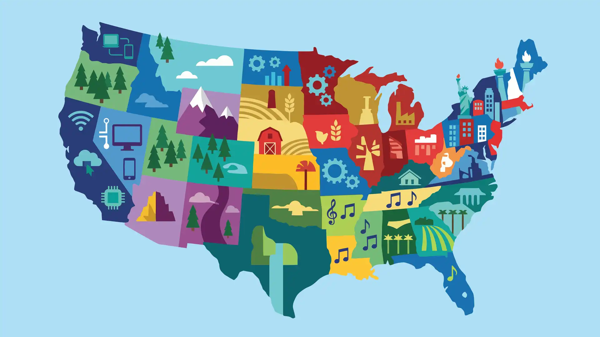 An artistic illustration of the USA map highlighting the unique characteristics of each state, symbolizing the cultural and regional diversity that Korean companies must understand for successful US market entry.