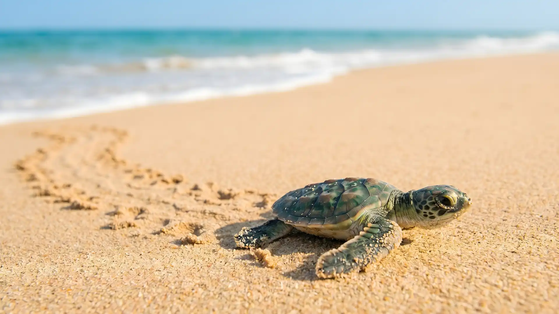 A baby sea turtle crawling on a sandy beach leaving tiny tracks behind, symbolizing the long and determined journey Korean manufacturers must undertake to find and secure US B2B buyers.